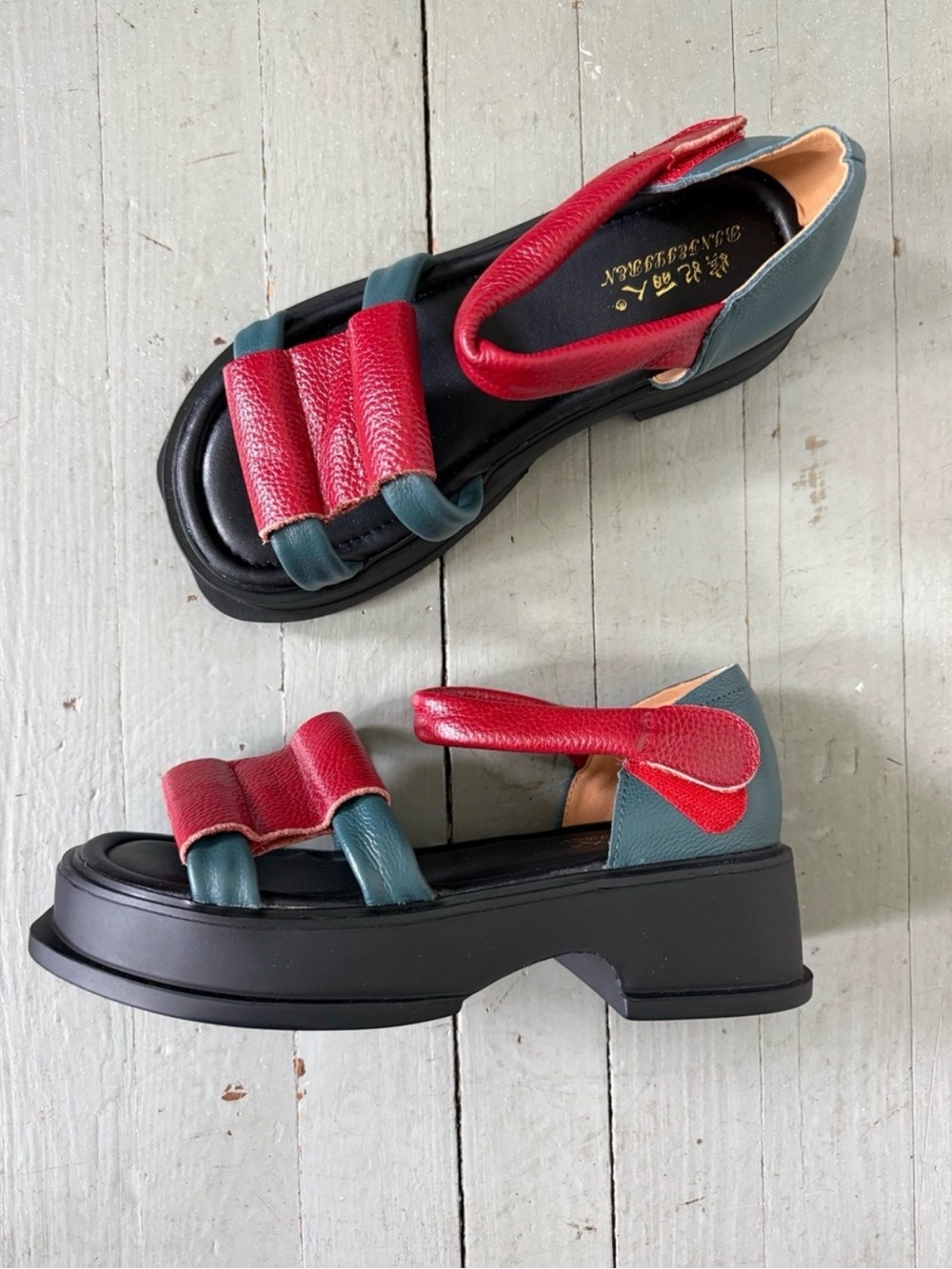 Colorful Leather Platform Gladiator Sandals | Red and Blue | Size 7.5 | Like New
